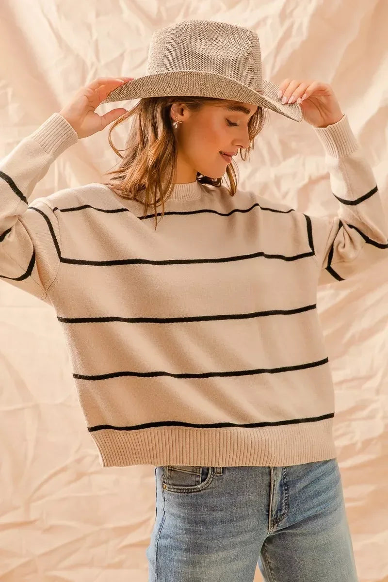 SO ME Stripe Crew Neck Basic Essential Sweater - DAVERRI FASHIONS
