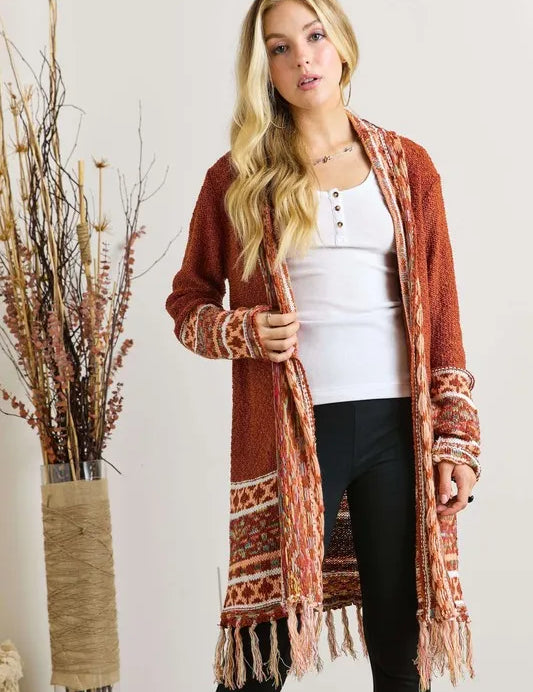 ADORA Plus Size Fringe Hem Aztec Border Cardigan | Cardigans Daverri Fashions