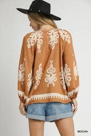 Umgee Full Size Two Tone Border Print Top with Balloon Sleeves Plus Size | Tops Daverri Fashions