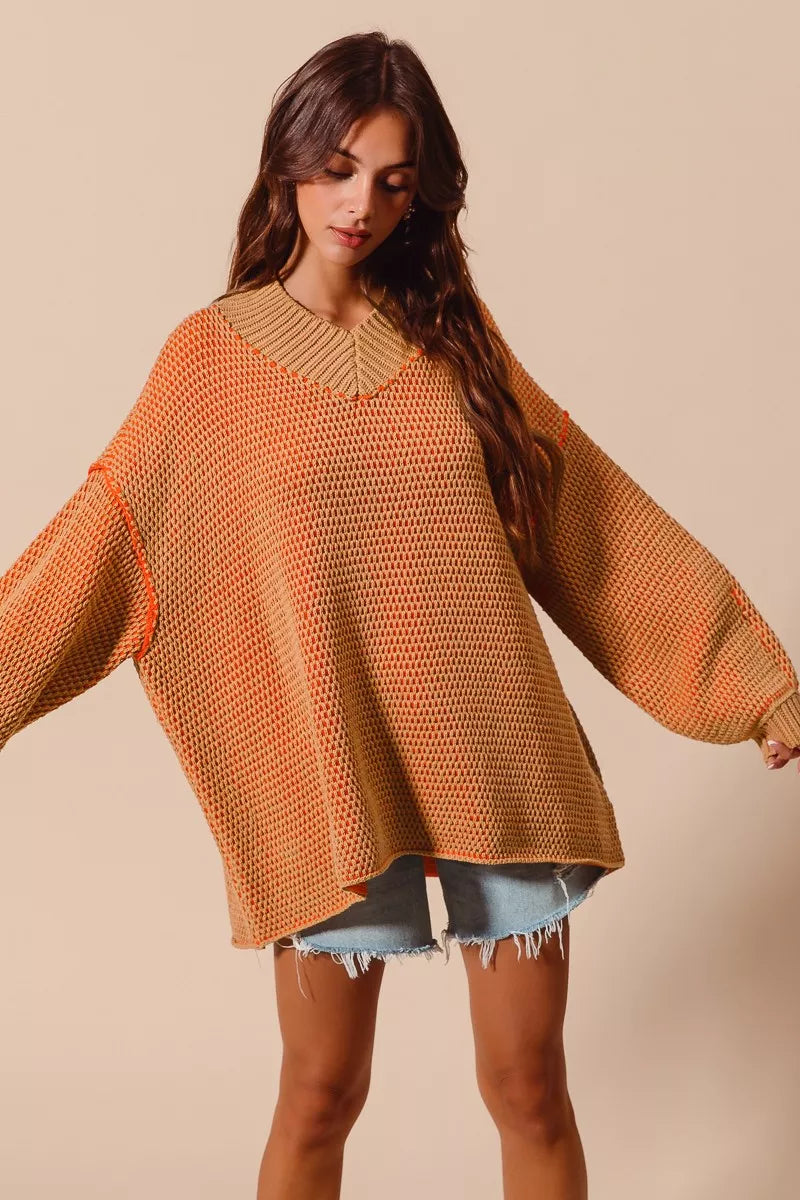 SO ME Oversized Two Tone Textured V Neck Sweater | Sweaters Daverri Fashions