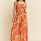 Davi & Dani Floral Ruffle Square Neck Smocking Bodice Jumpsuit Orange S Jumpsuits