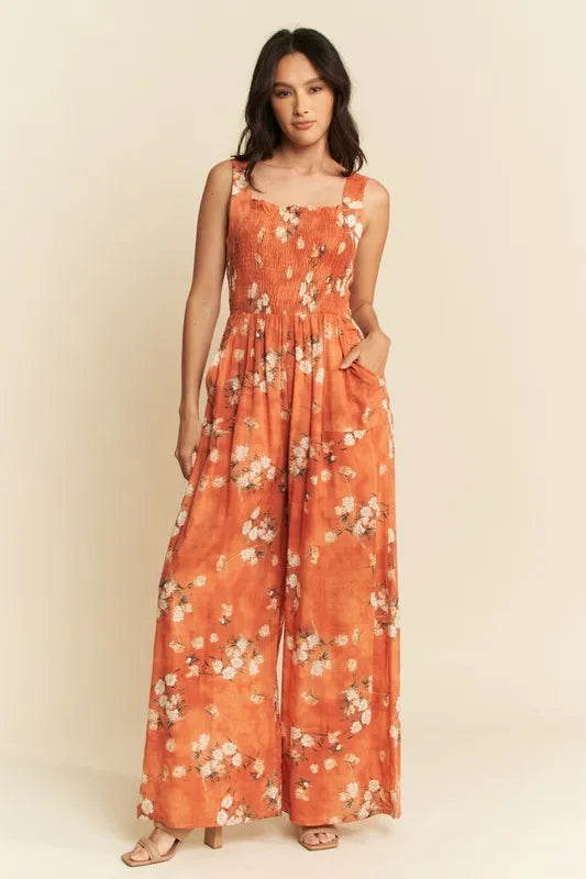 Davi & Dani Floral Ruffle Square Neck Smocking Bodice Jumpsuit Orange S Jumpsuits