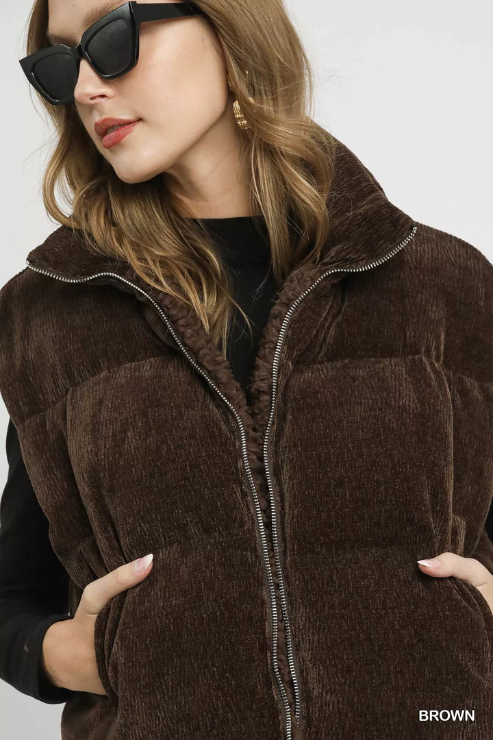 Umgee Sherpa-Lined Zip Vest with Drawstring Hem | Vest Jackets Daverri Fashions