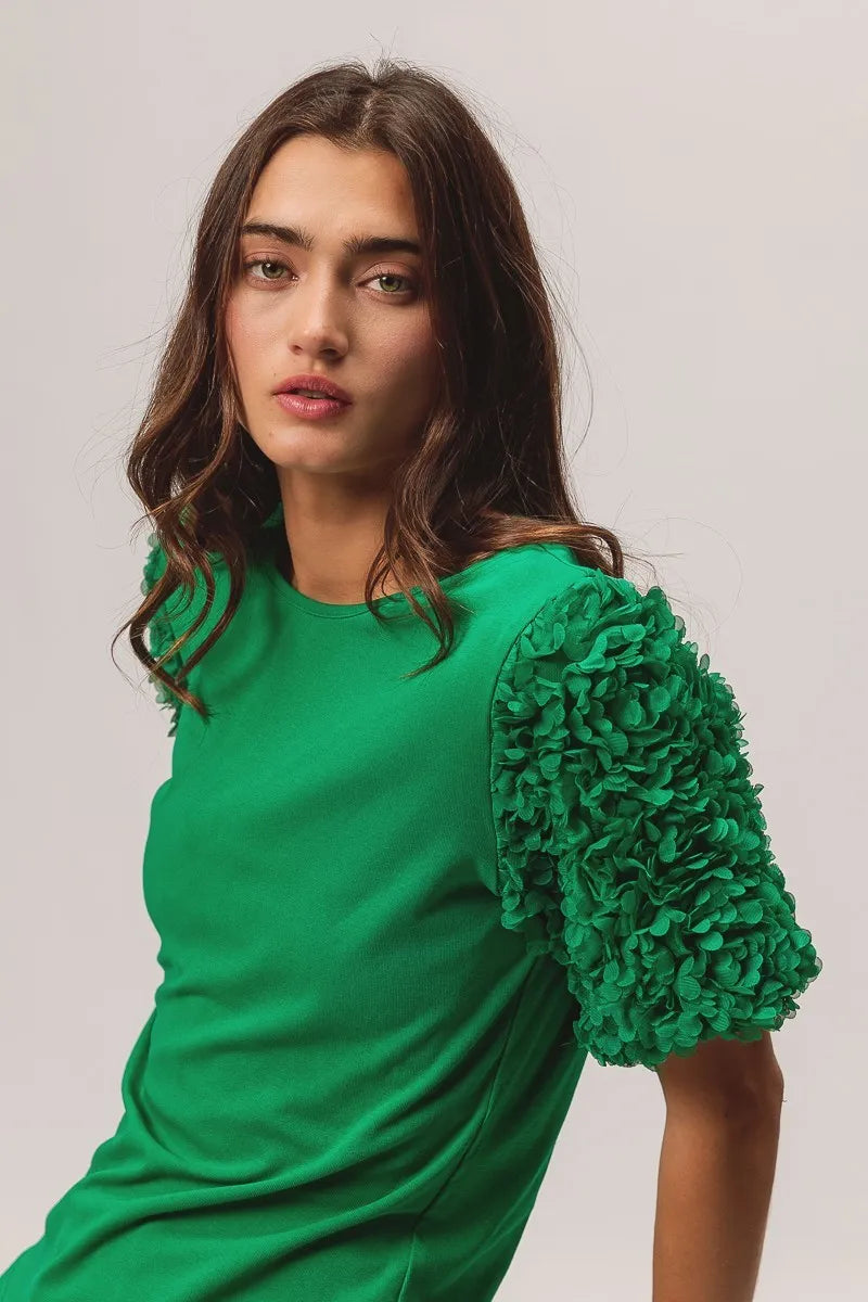 BiBi Short Mesh Flower Sleeve Knit Top Tops