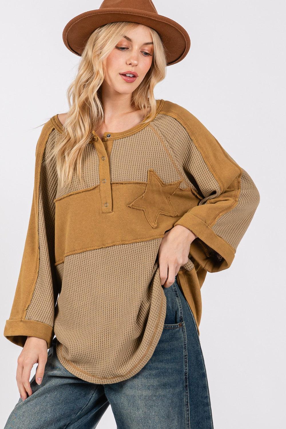 SAGE + FIG Star Applique Patch Exposed Seam Waffle Knit Top - DAVERRI FASHIONS