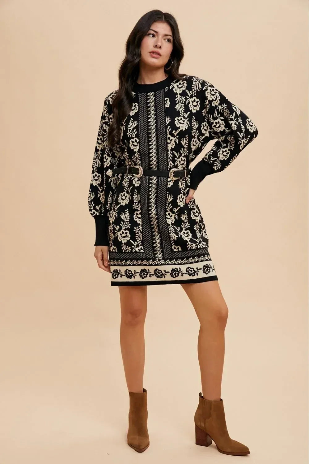 Annie Wear Floral Jacquard Round Neck Sweater Dress - DAVERRI FASHIONS