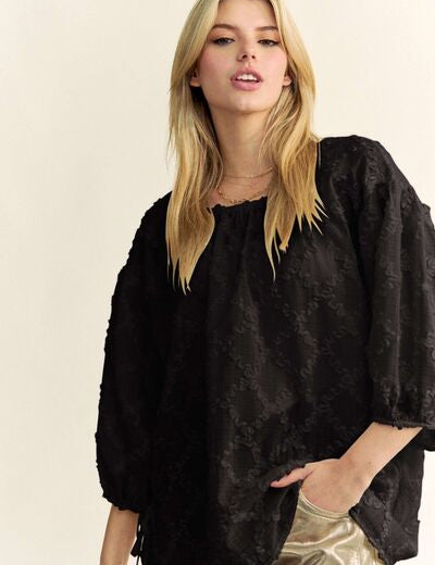 Davi & Dani Tied Round Neck Mesh Blouse