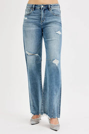 RISEN Full Size Mid Rise Fit Wide Baggy Leg Tie Washed Jeans Plus Size | Jeans Daverri Fashions