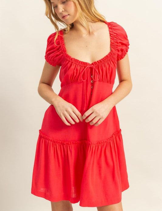 Red HYFVE Ruched Frill Tiered Short Sleeve Mini Dress | Daverri Fashions
