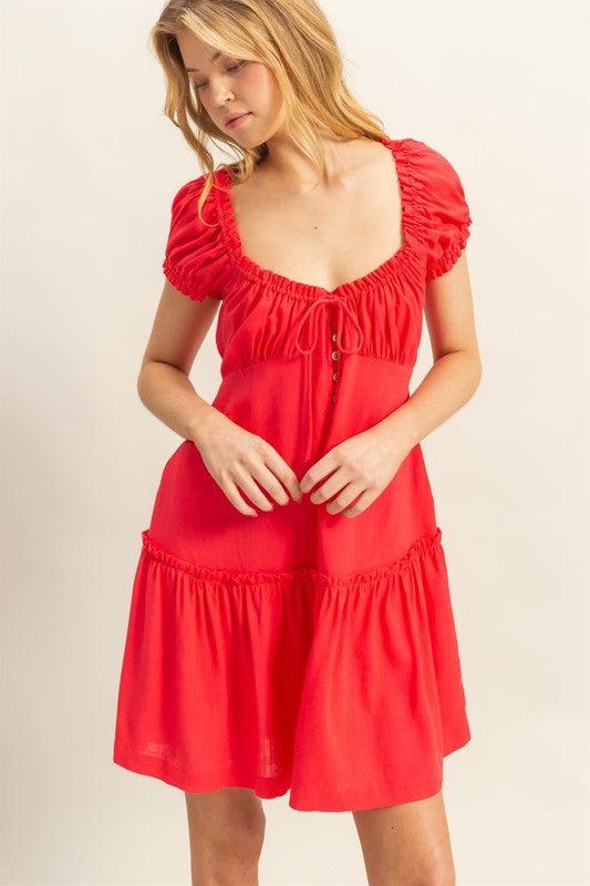 HYFVE Ruched Frill Tiered Short Sleeve Mini Dress - DAVERRI FASHIONS