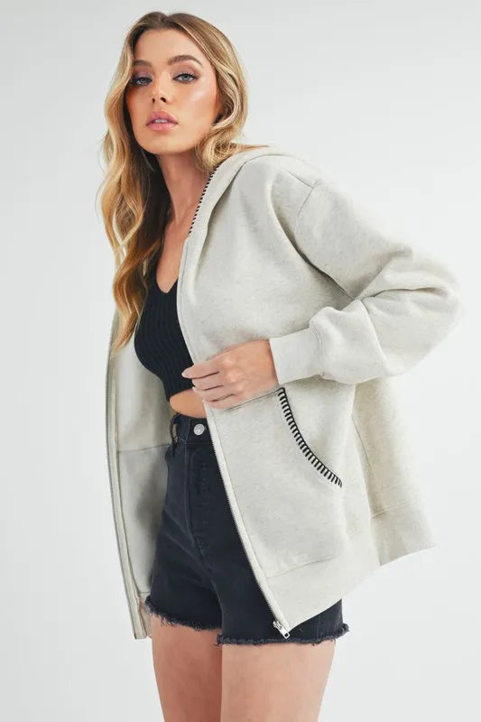 Aemi + Co Contrast Trim Zip Up Hoodie Jacket | Jackets Daverri Fashions
