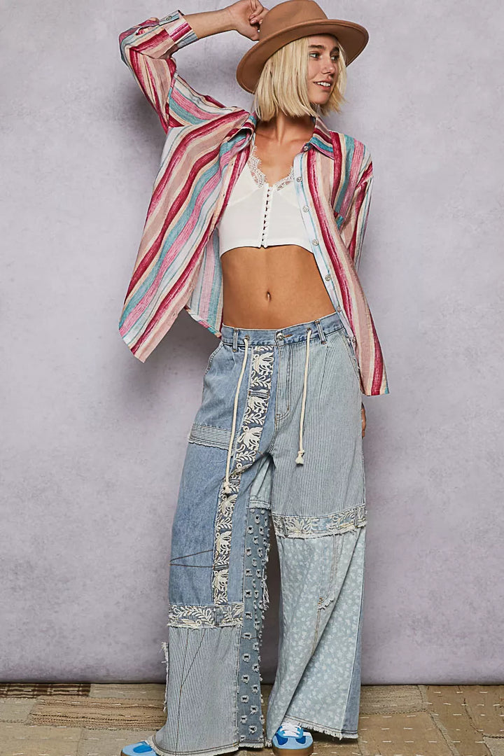 POL Striped Button-Down Oversized Shirt | Daverri Fashions
