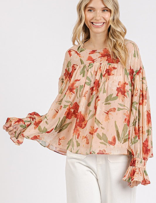 Mittoshop Floral Round Neck Flounce Sleeve Blouse