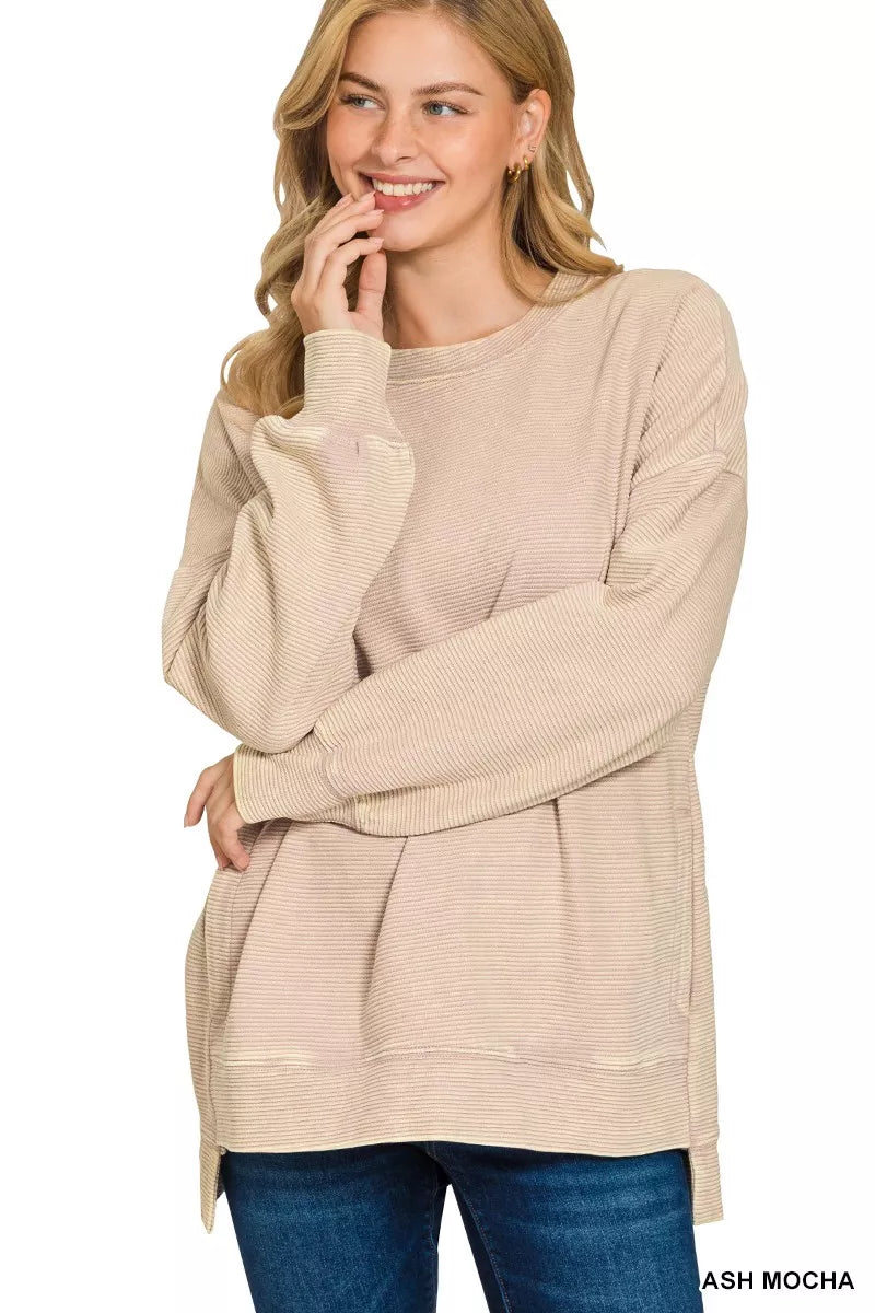 ASH MOCHA Zenana Full Size Acid Washed Double Ribbed Hi-low Sweatshirt Plus Size | Sweatshirts Daverri Fashions