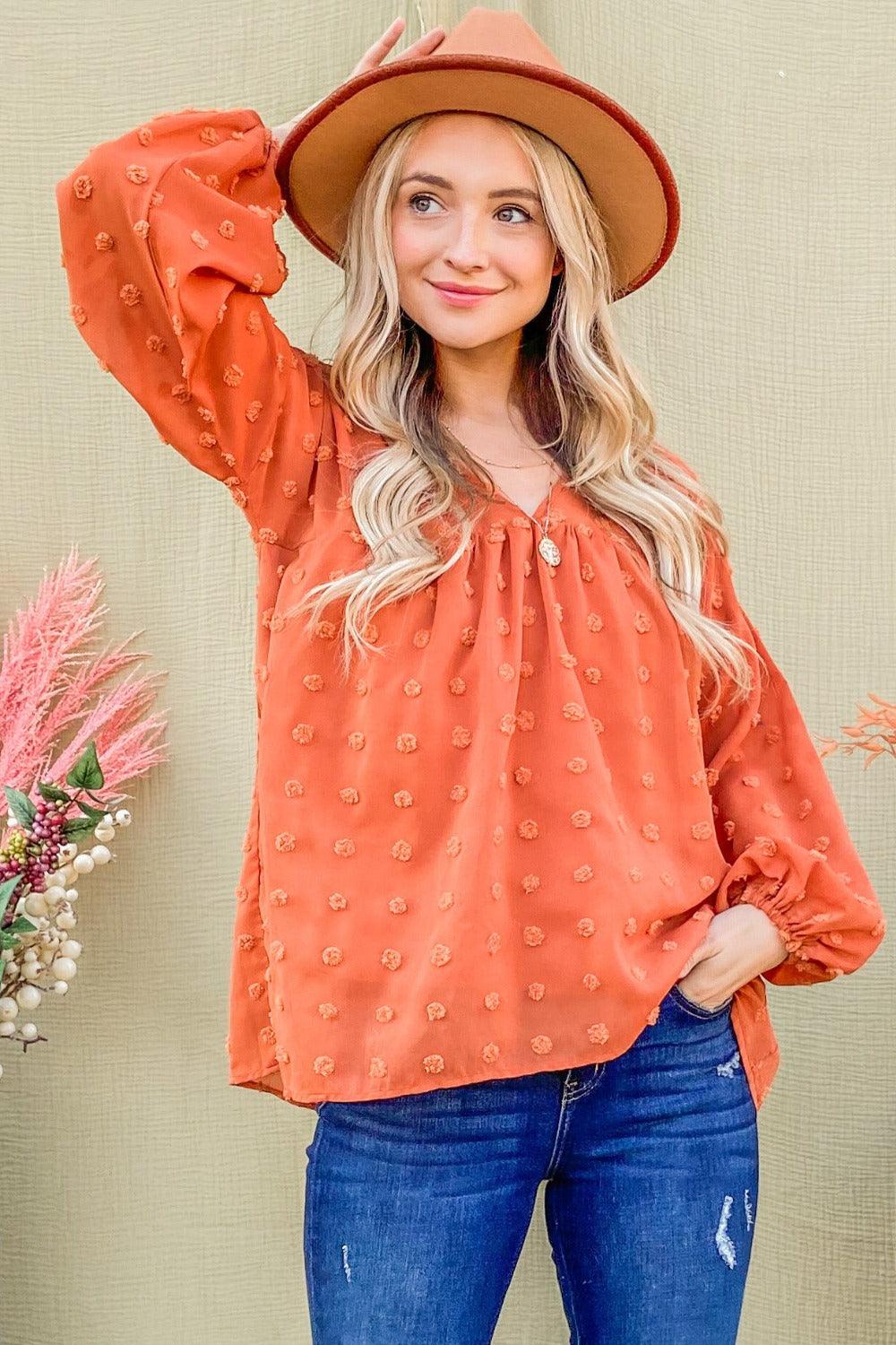 Rust And The Why Swiss Dot V Neck Balloon Sleeve Woven Blouse | Daverri Fashions
