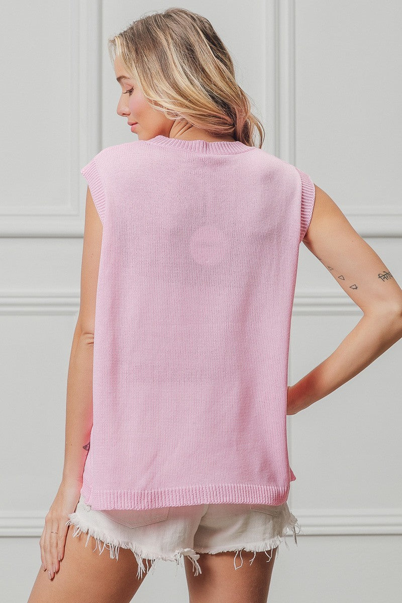 BiBi pink American flag sequins patch sleeveless ribbed knit top