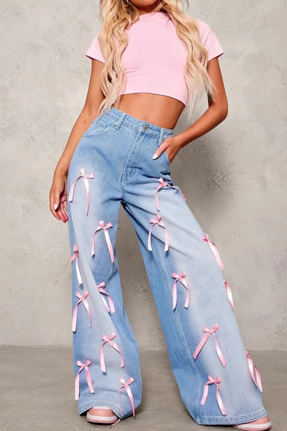 Bow Decorated Wide Leg Denim Jeans | Jeans Daverri Fashions