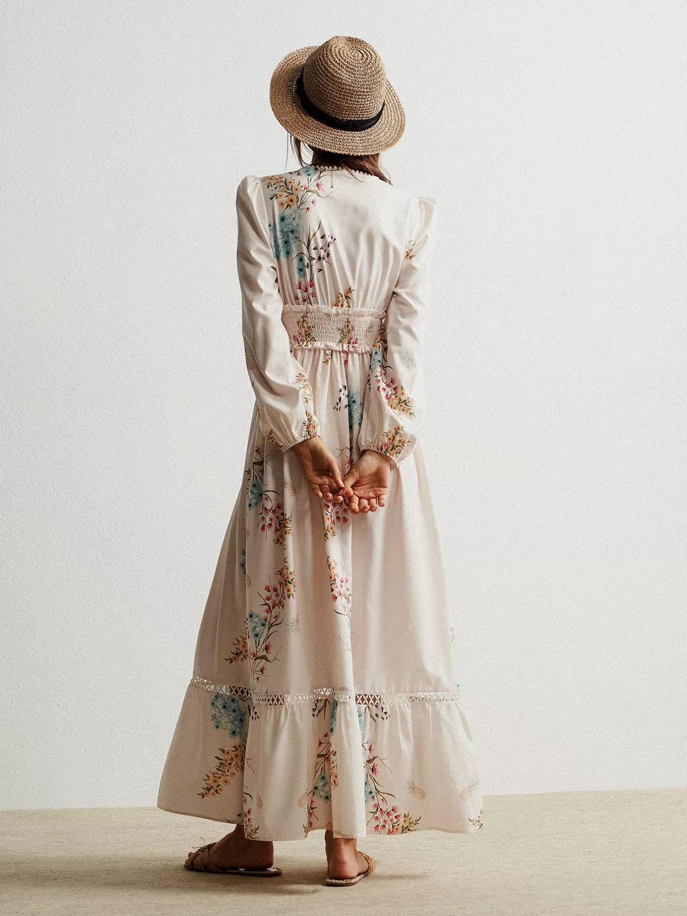 Floral print long sleeve maxi dress with smocked waist and lace trim