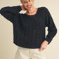 Aemi + Co Cable-Knit Openwork Round Neck Sweater Black Sweaters