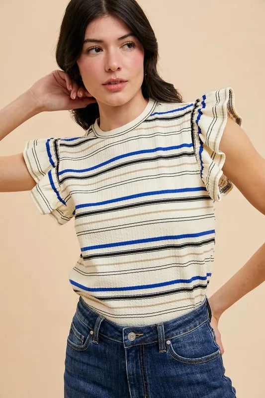 Annie Wear Multi Stripe Ruffle Sleeve Textured Knit Top
