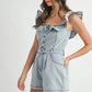 MABLE Off Shoulder Ruffle Detail Denim Romper Rompers