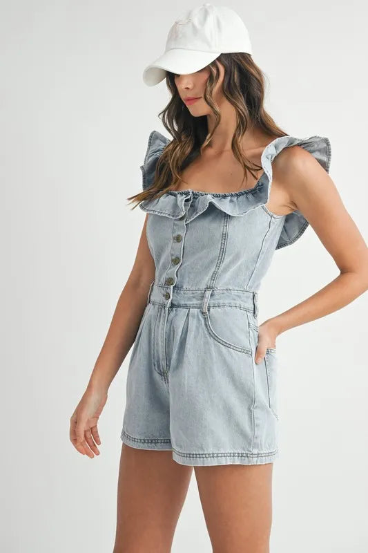 MABLE Off Shoulder Ruffle Detail Denim Romper Rompers