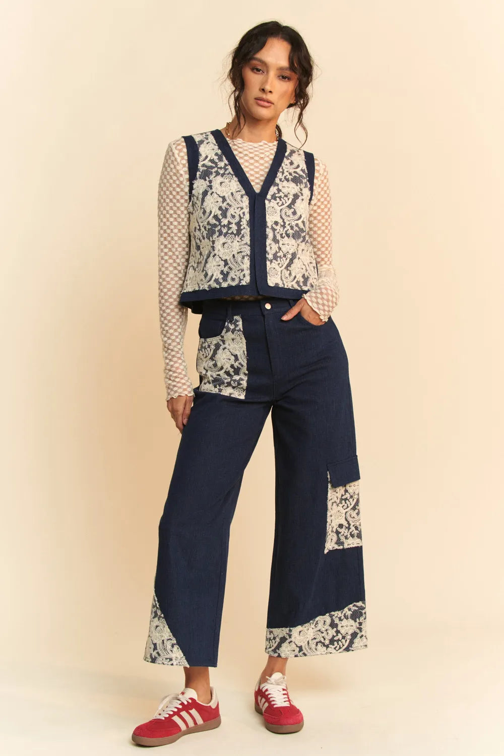 Davi & Dani Lace Patch Open Front Denim Vest | Vest Jackets Daverri Fashions
