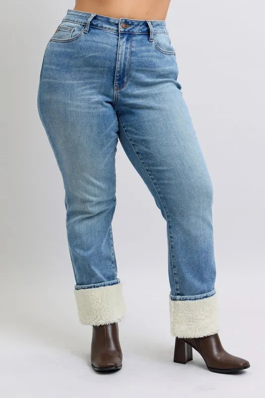Judy Blue Full Size High Waist Shearling Cuff Straight Jeans