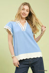 Umgee light blue short-sleeve top with white scallop trim and black V-neck stitching