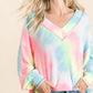 BiBi Tie Dye French Terry V-Neck Top with Puff Sleeves Tops
