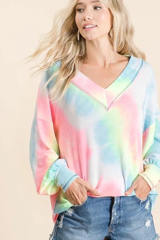 BiBi Tie Dye French Terry V-Neck Top with Puff Sleeves Tops