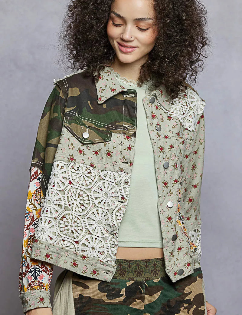 POL Floral Printed French Terry Jacket with Crochet Contrast | Jackets Daverri Fashions