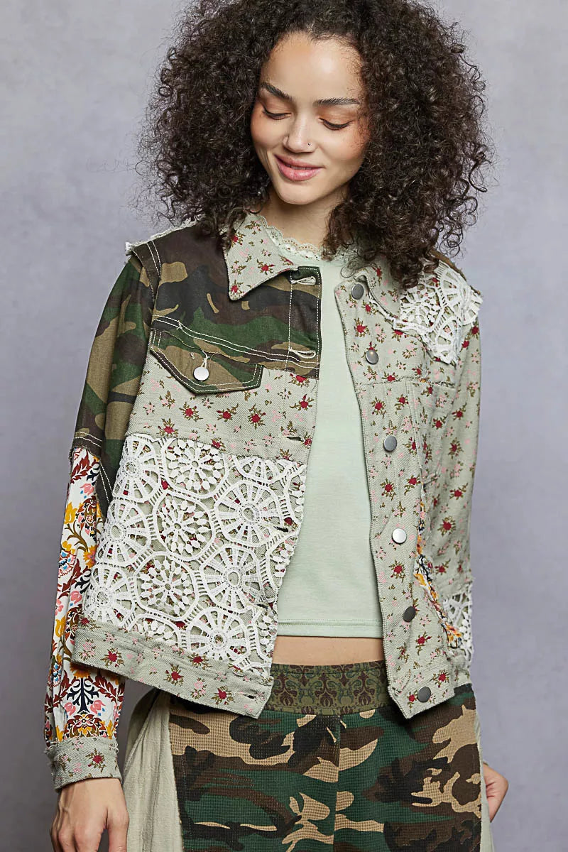 POL Floral Printed French Terry Jacket with Crochet Contrast | Jackets Daverri Fashions