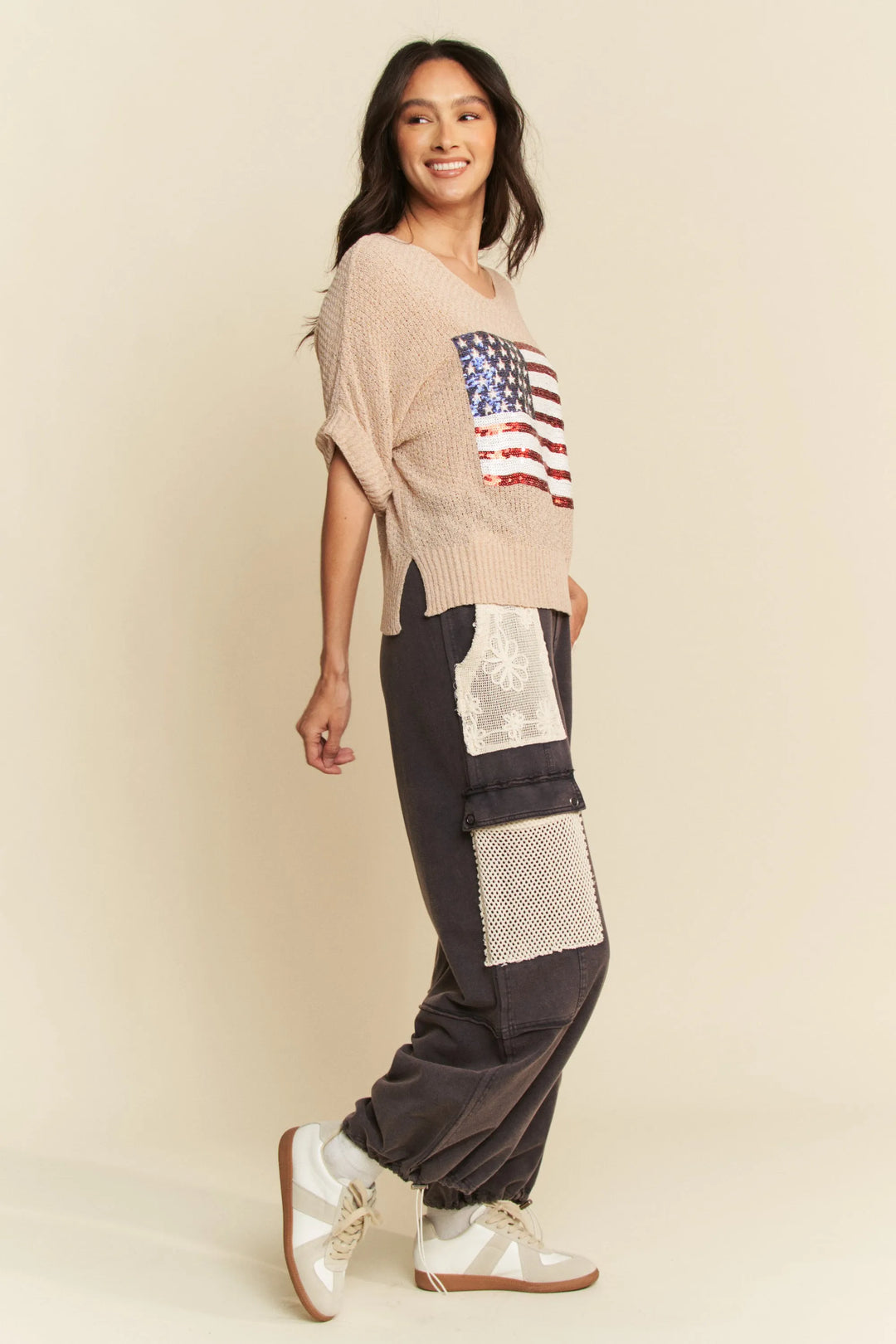 Davi & Dani Sequin American Flag Patch Short Sleeve Knit Top Tops