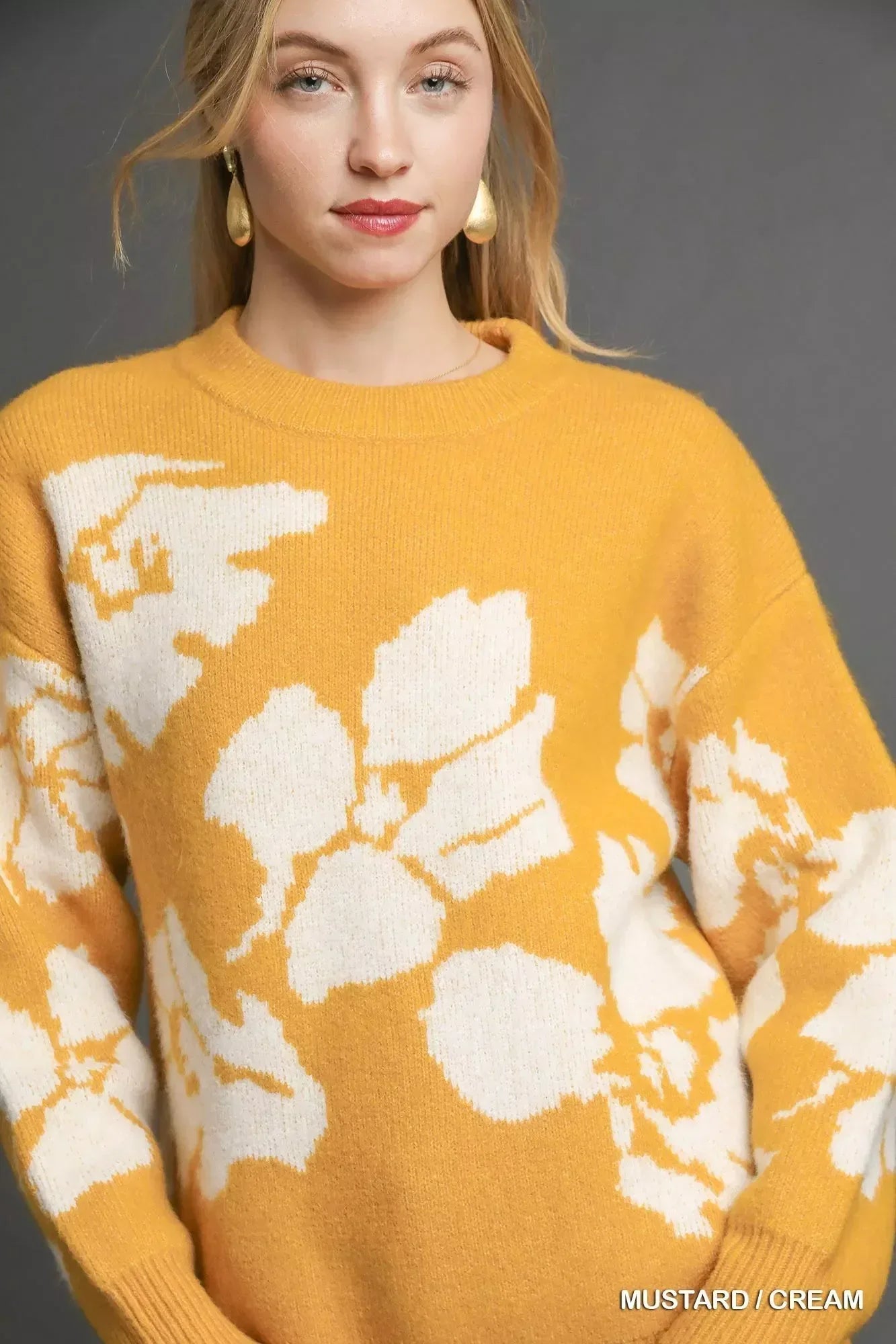 Umgee Floral Long Sleeve Sweater Mustard - DAVERRI FASHIONS