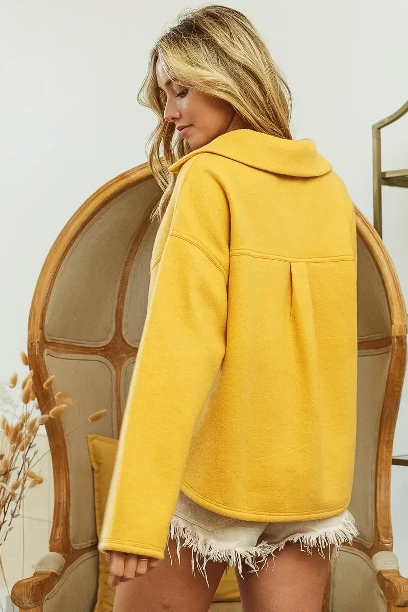 BiBi Flap Pockets Fleece Collared Sweatshirt - DAVERRI FASHIONS