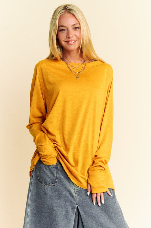 Davi & Dani Solid Color Boat Neck Long Sleeve T-Shirt Gold Tops