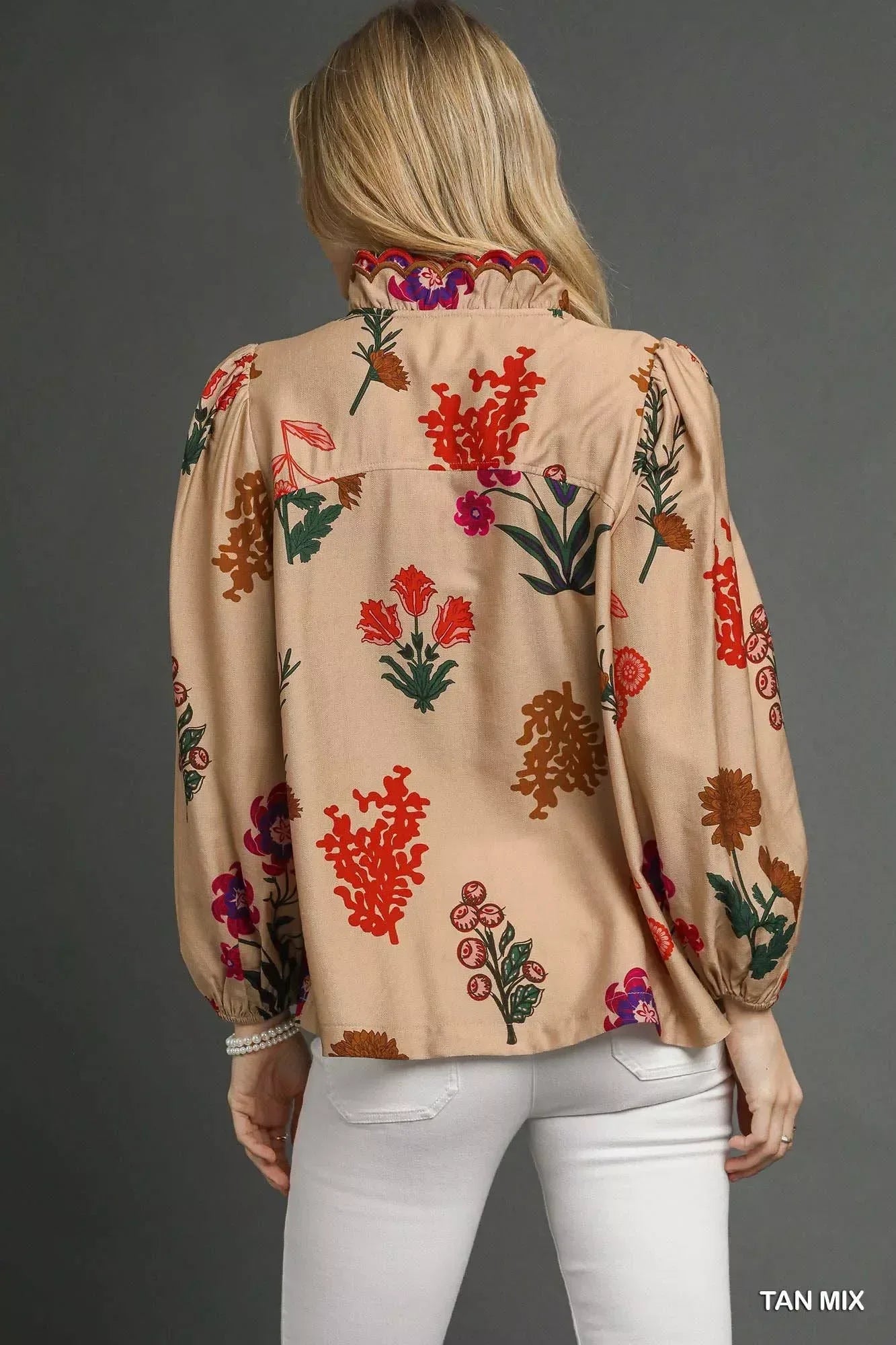 Umgee Flower Print Blouse with Scalloped Neckline - DAVERRI FASHIONS