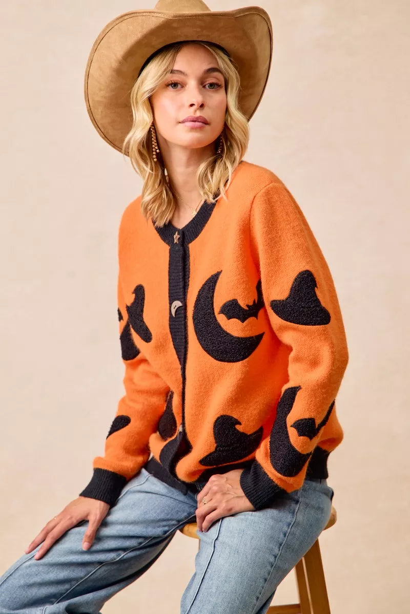 BiBi Halloween Witch Hat Moon Bat Artwork Cardigan | Cardigans Daverri Fashions