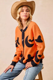 BiBi Halloween Witch Hat Moon Bat Artwork Cardigan | Cardigans Daverri Fashions