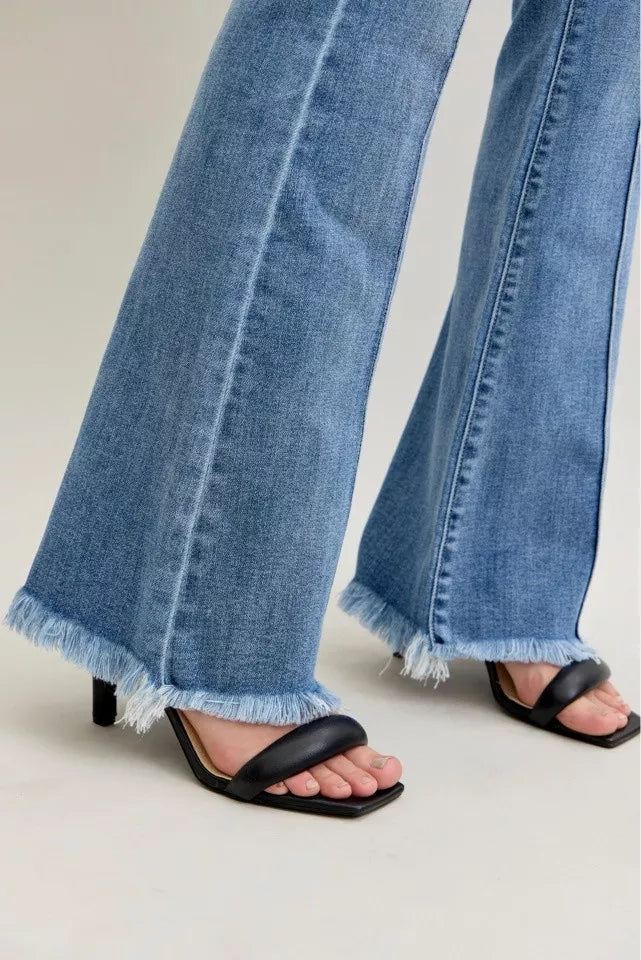 Judy Blue High Waist Flare Fray Hem Jeans with Front Pintuck Detail | Daverri Fashions