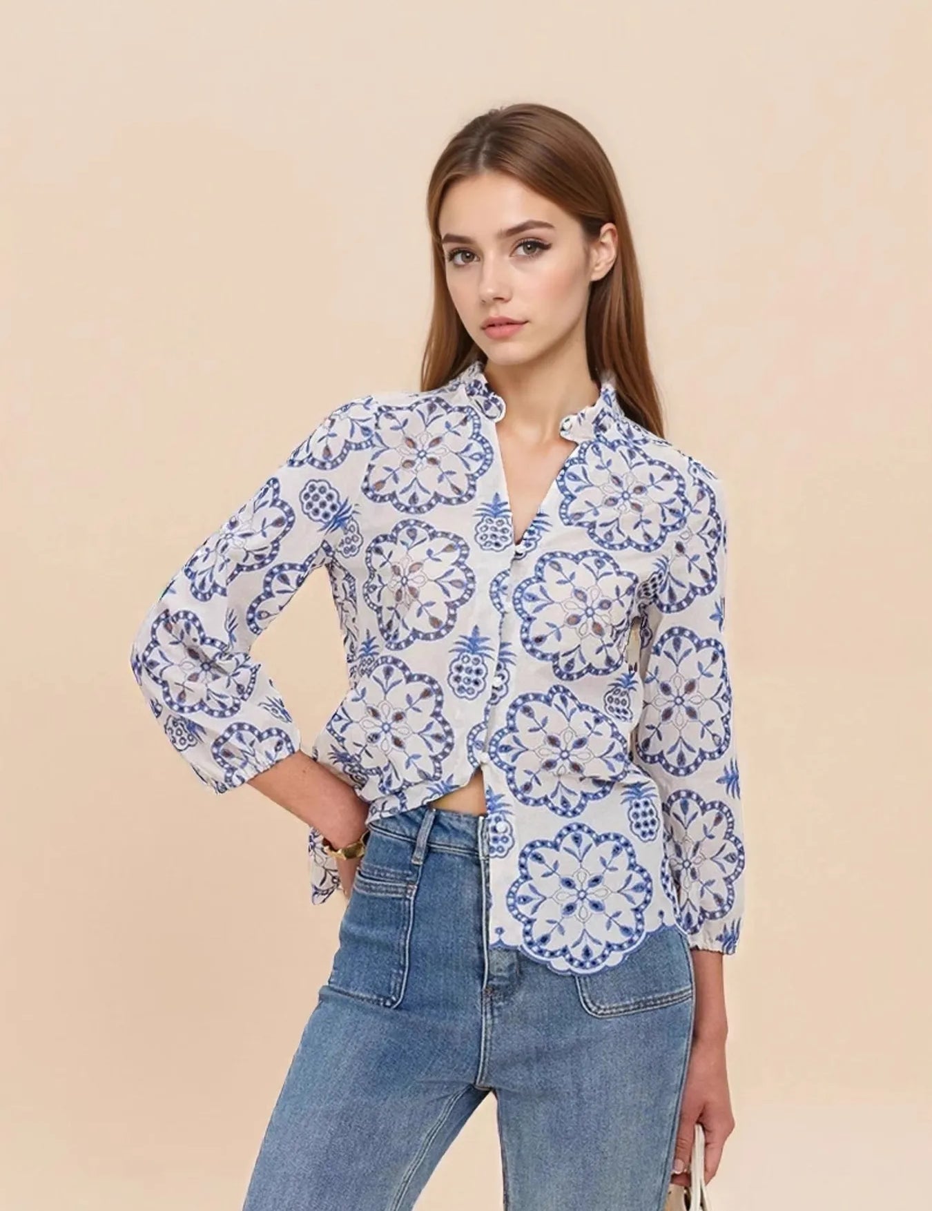 Blue Eyelet Embroidered Long Sleeve Shirt | Shirts Daverri Fashions