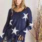 ADORA Distressed Star Sweater Top in navy blue knit with white stars and frayed hem