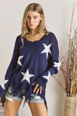 ADORA Distressed Star Sweater Top in navy blue knit with white stars and frayed hem