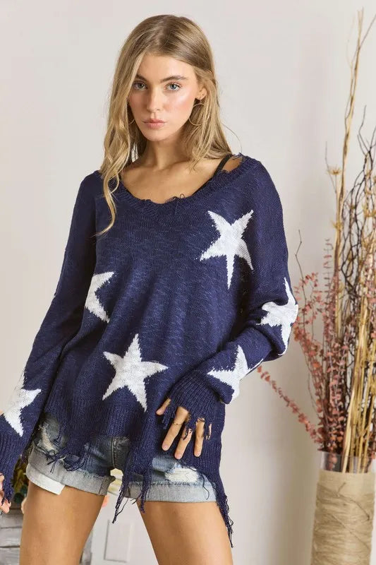 ADORA Distressed Star Sweater Top in navy blue knit with white stars and frayed hem