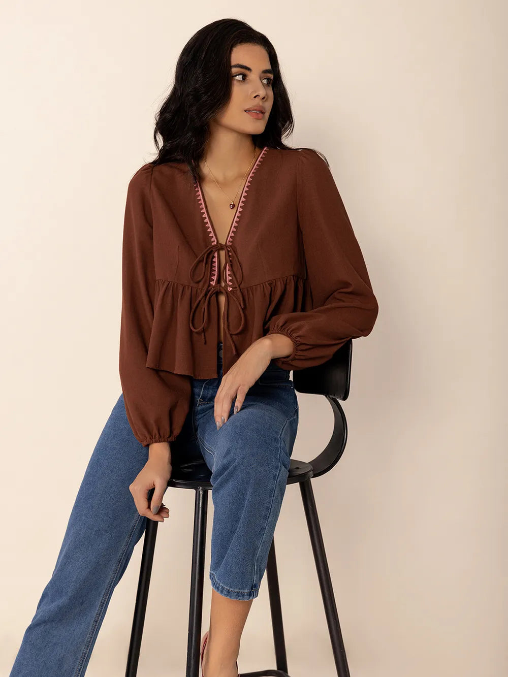 Peplum Tied V-Neck Long Sleeve Blouse | Blouses Daverri Fashions
