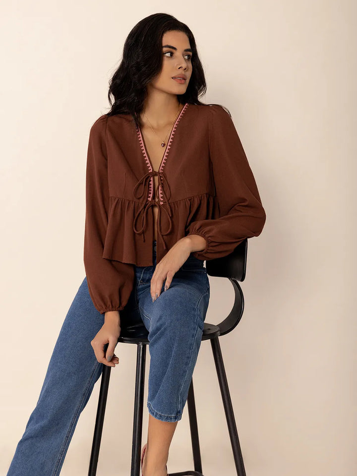 Peplum Tied V-Neck Long Sleeve Blouse | Blouses Daverri Fashions