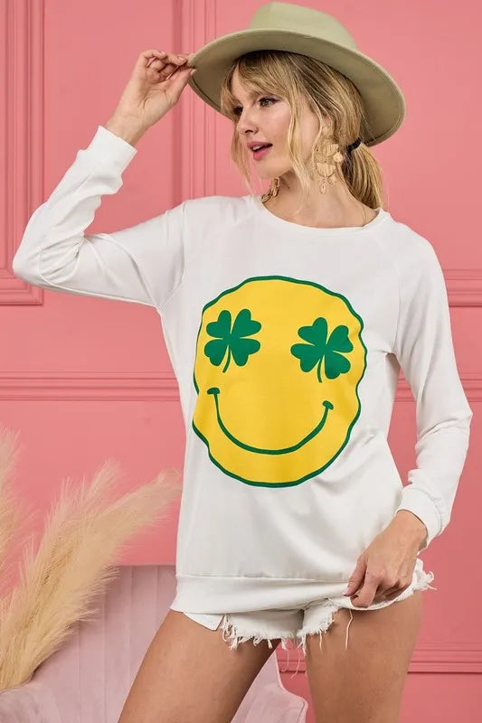 BiBi Smile Face Graphic Round Neck Long Sleeve Top | Tops Daverri Fashions