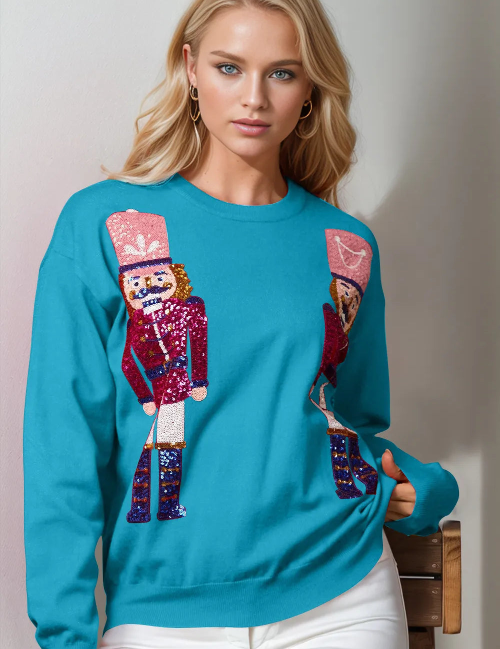 Cerulean Double Take Full Size Nutcracker Sequin Long Sleeve Sweater | Sweaters Daverri Fashions