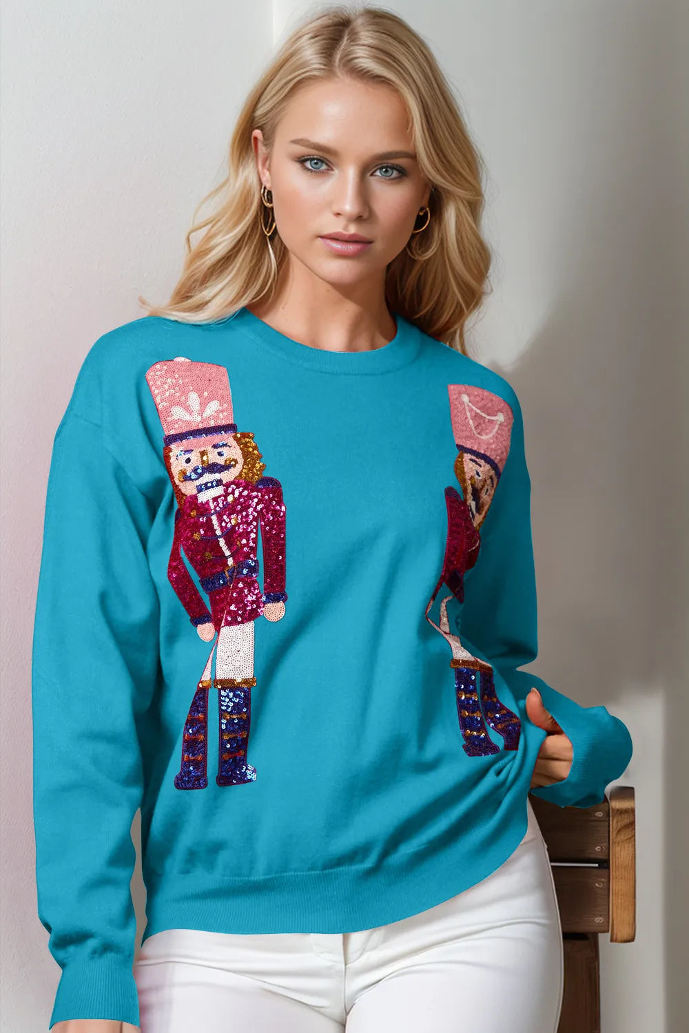 Cerulean Double Take Full Size Nutcracker Sequin Long Sleeve Sweater | Sweaters Daverri Fashions